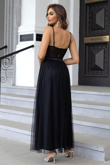 Black Spaghetti Straps A Line Tulle Open Back Long Ball Dress